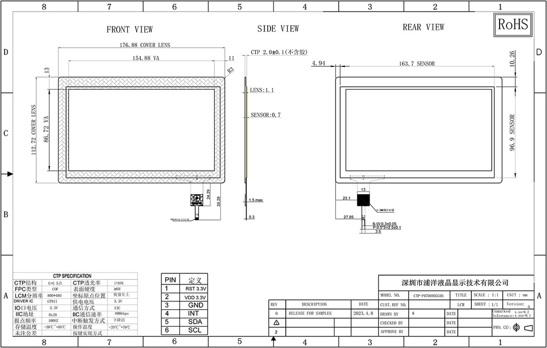 7 inch Multi Touch Custom Capacitive Touch Panel Anti Blue Light Glas Waterdicht Polcd