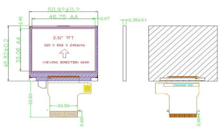 Polcd Kleur 262K 2,31 inch Vierkant scherm 300 Nit 320x240 tft display lcd