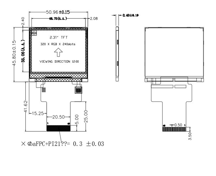 Polcd Zwart 320*240 RGB TFT Display 18 Bit Hoge Helderheid 2,31 inch LCD-paneel