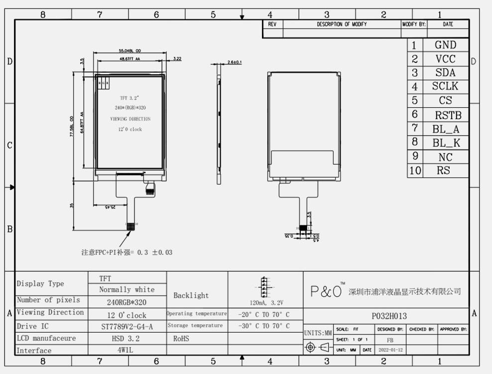 Polcd ST7789V 3,2 inch TFT LCD-kleurenscherm 262K TFT LCD-scherm 48,6 mm 12 0'CLOCK