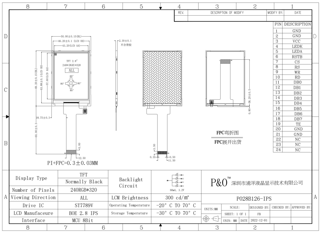 Polcd 2,8 inch LCM Display IPS Scherm 240x320 Resolutie MCU 8bit interface 24pin TFT LCD module