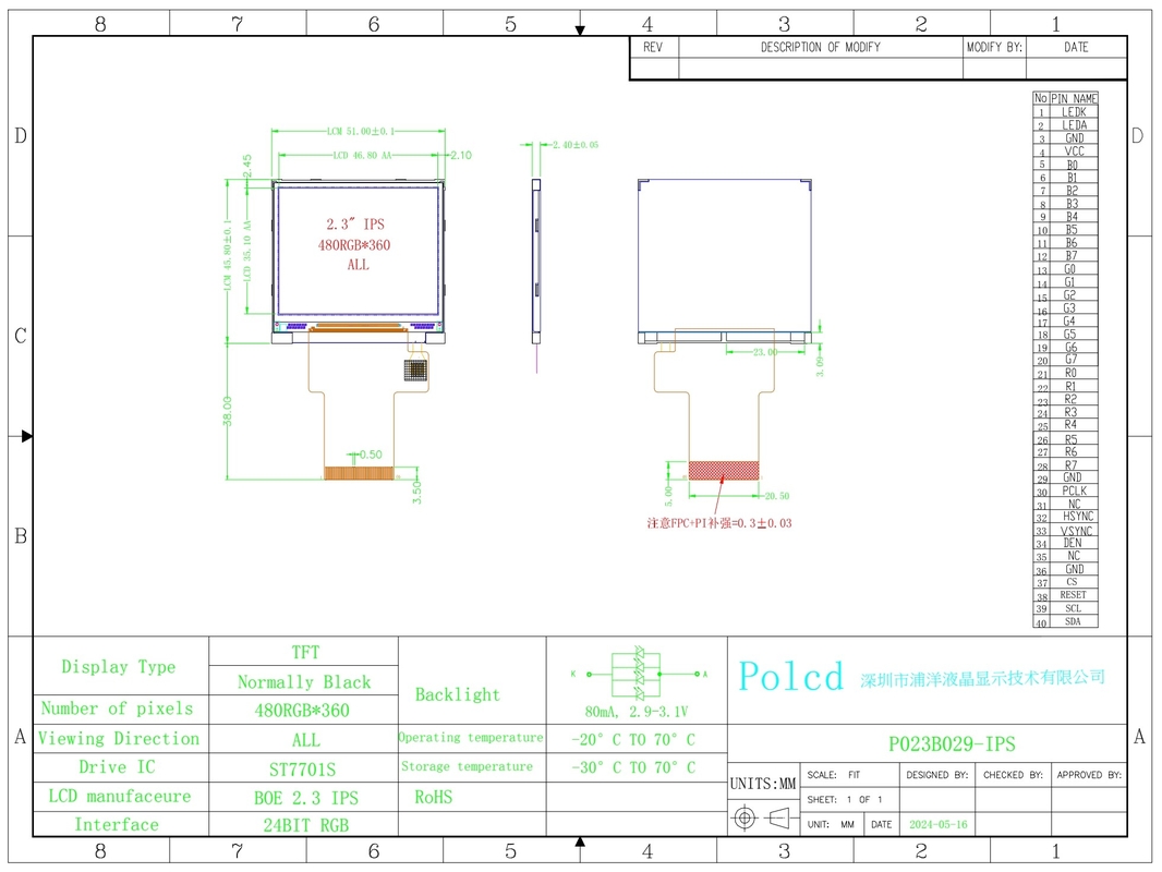 Polcd Kleine 2,3 inch 480x360 Hoge resolutie RGB Kleur IPS Zienhoek Landschap TFT LCD Scherm