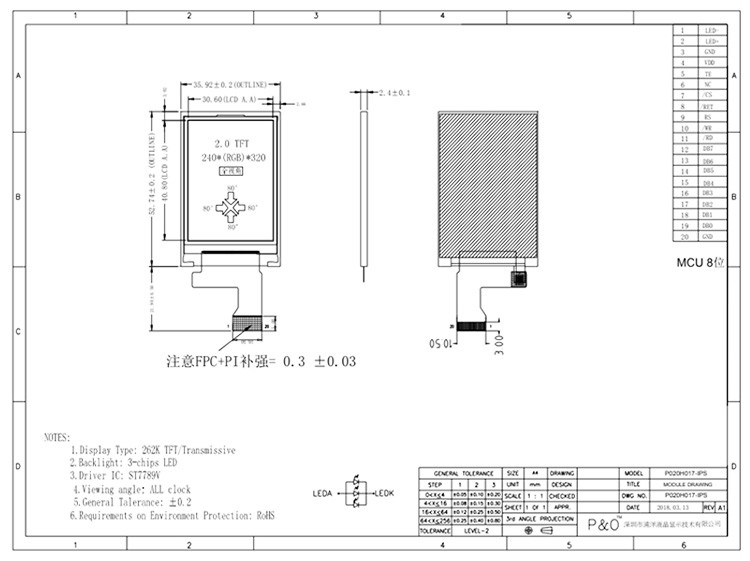 Polcd 262K 2.4Mm 2 Inch Lcd-scherm ST7789V IPS TFT LCD-scherm 240X320