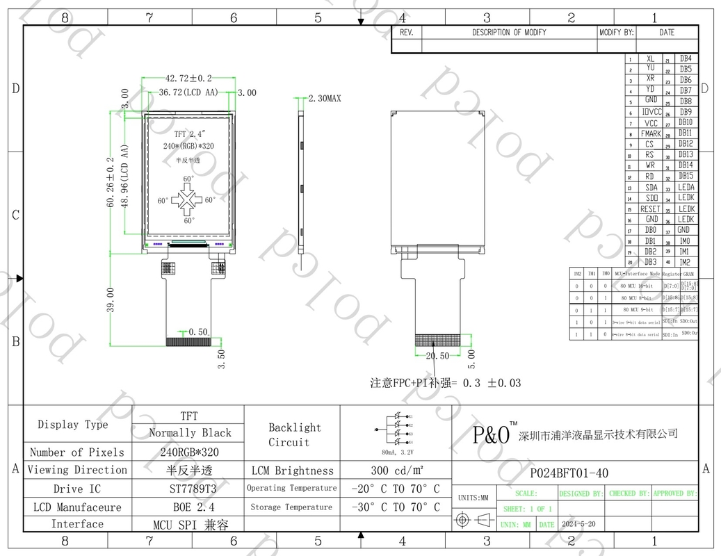 Polcd 2.4 inch LCM-module Transflective SPI MCU Las 20pin Resolutie 240x320 TFT LCD-scherm