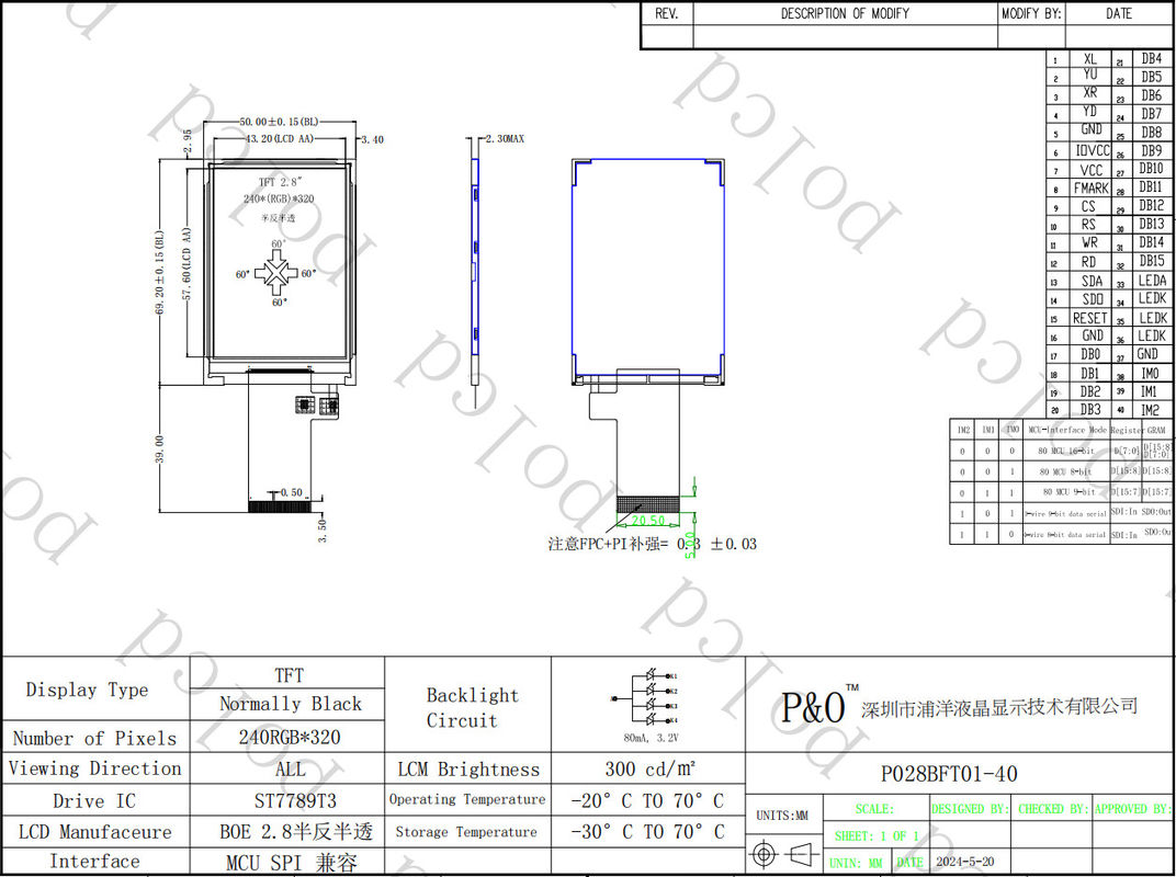 Polcd 2,8 inch 240*320 Spi Mcu interface Tft Lcd Kleur Display Module Transflectioneel lcd scherm