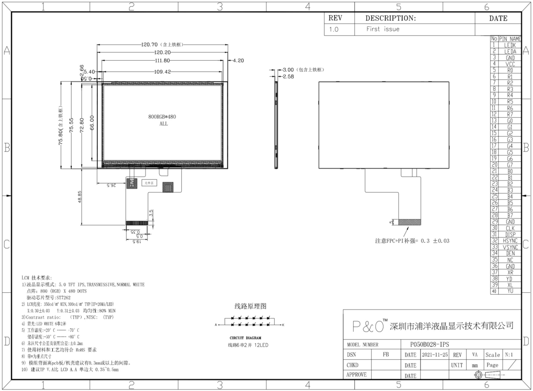 Polcd 800x480 5 inch vierkant beeldscherm LCD IPS View Angle LCD Screen 40pin ST7262 Drive TFT module