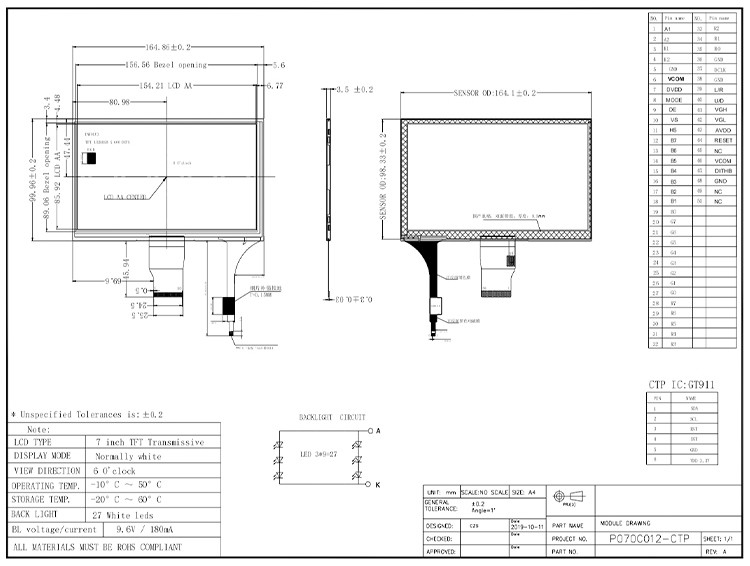 Polcd 7 inch Middelgrote LCD-module 800*480 Hoge helderheid Capacitive Touch TFT Display