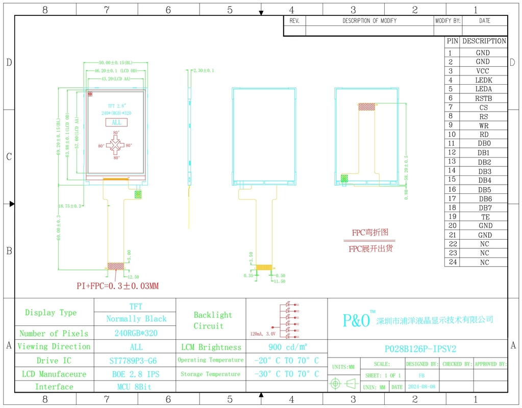 Polcd 2,8 inch LCD-scherm 240x320 MCU Interface Wide View Angle TFT Transflective LCD-module met ST7789P3-G6