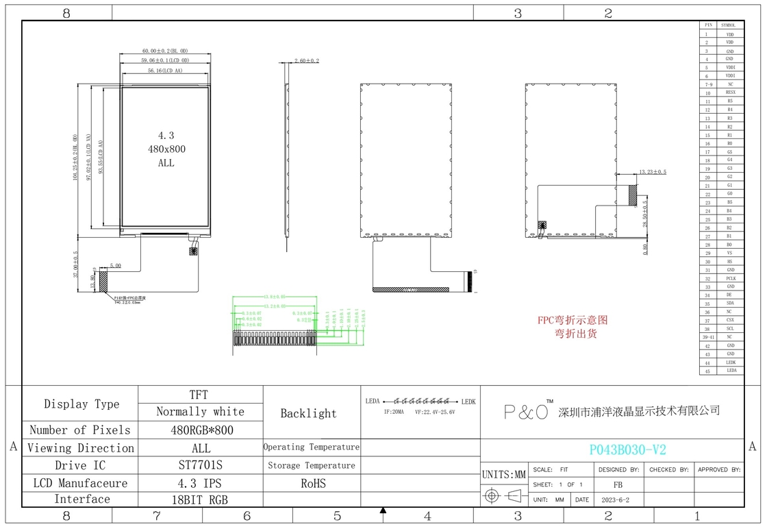 Polcd 4,3 inch IPS TFT-scherm 480*800 RGB-interface ST7701S