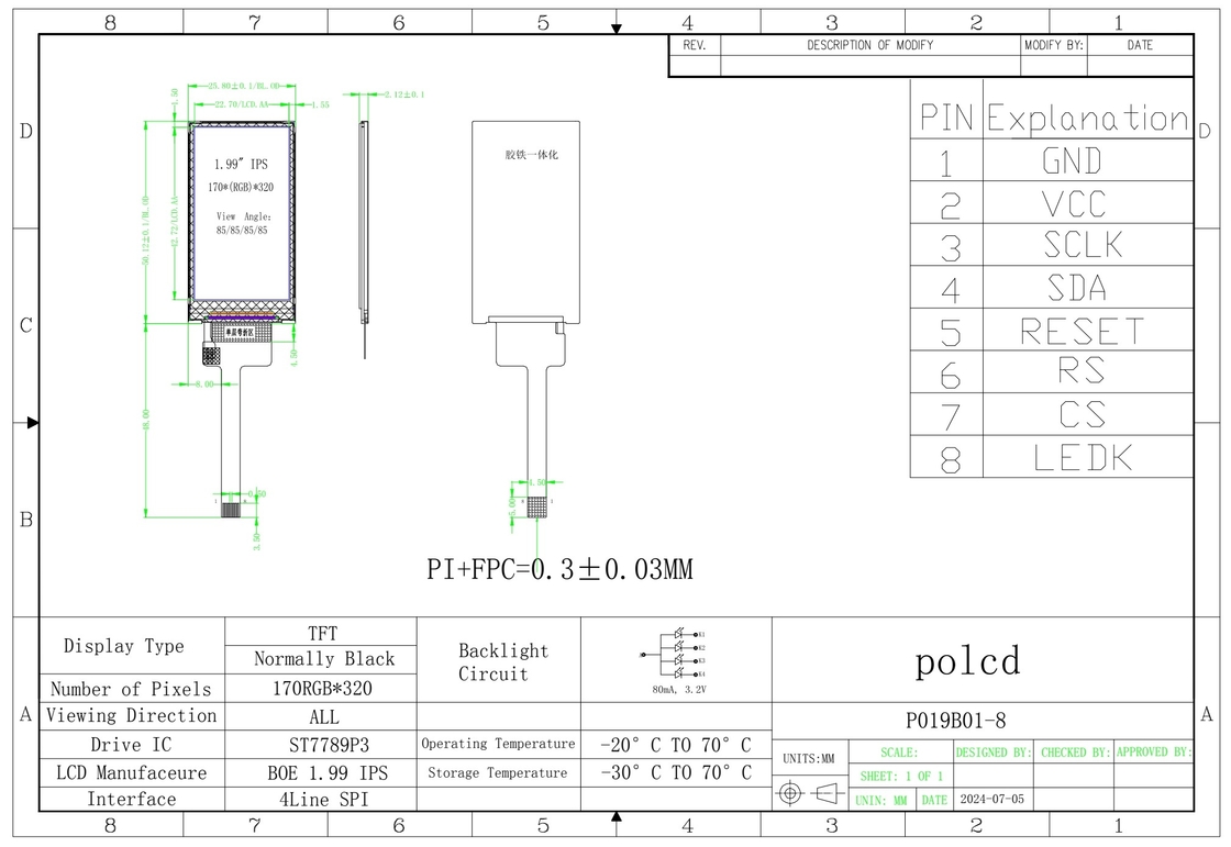 Polcd 1,9 inch 170*320 ST7789P3-G6 SPI Bar TFT LCD-module scherm 8 pin IPS verticaal LCM-display