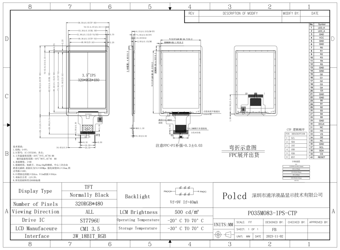 Polcd Custom Lcd Display 3,5 inch 320x480 40pin IPS Hoek 500nit ST7796U Capacity Touch Screen