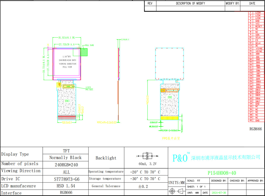 Polcd 1,54 inch IPS TN Micro TFT LCD-module met LED-achterlicht 240x240 ST7789T3 Driver IC LCD-scherm