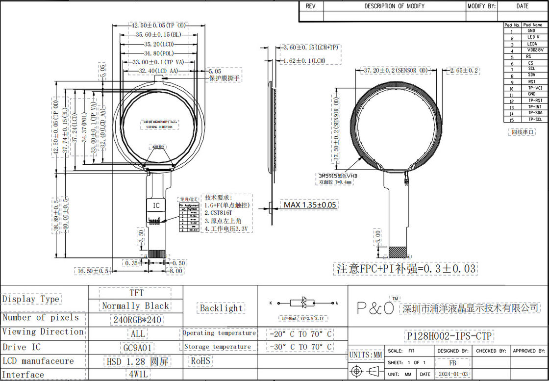 Polcd 1,28 inch 1,28' Ronde kleur Circulair TFT Display 240x240 LCD GC9A01 Driver IPS LCD-module