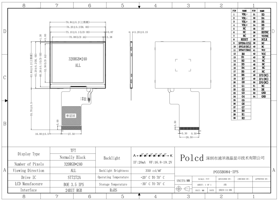 Polcd 3,5 inch 320x240 Full Color TFT Display ST7272A schijf ic IPS View Angle 54pin LCD Display