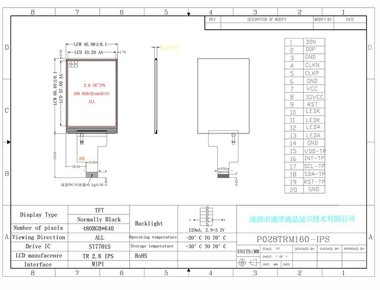 Polcd 2,8 inch IPS LCD-scherm met MIPI-interface 480x640 Resolutie 300nits 2,8 