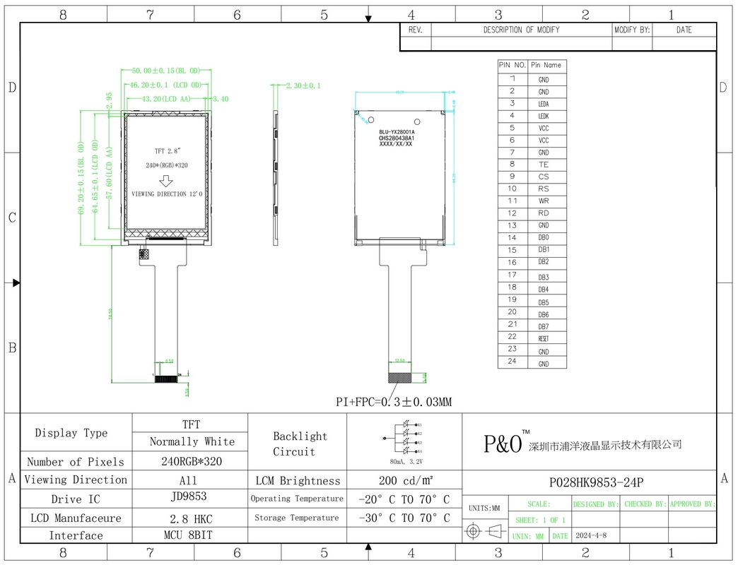 Polcd 2.8 inch 240*320 Resolutie 50pin Tft LCD-scherm Display Module 2.8