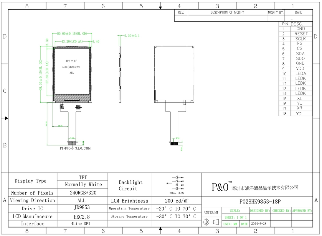 Polcd 2,8 inch 240x320 IPS TFT LCD-scherm SPI JD9853 IC All Free Viewing Angle Panel Display Module