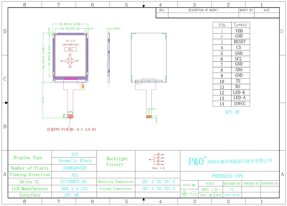 Polcd 2,8 inch matrix 240x320 TFT Display 20 Pin FPC LCM ST7789 Aanpasbare Fabrikant LCD Module