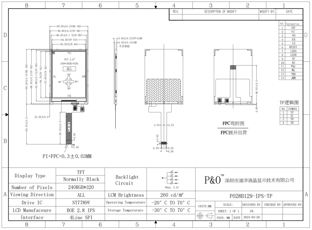 Polcd 2,8 inch TFT LCD-schermmodule met 240*320 resolutie SPI/RGB/MCU 14-pins interface