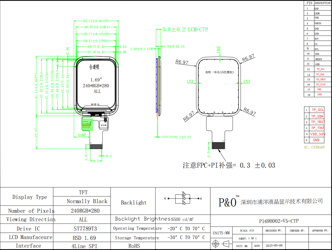 Polcd 1,69 inch 240x280 TFT Display Module Vierkant LCD Touch Screen Voor Smart Watch