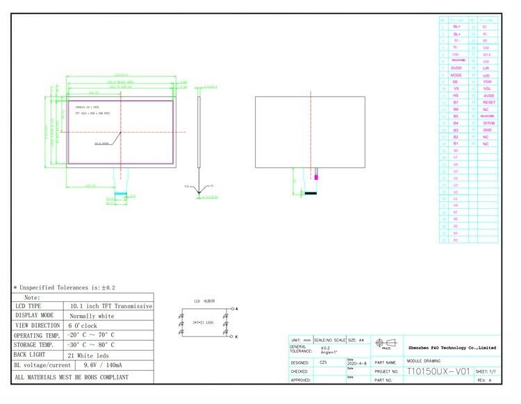 Polcd-resolutie 1024X600 10,1-inch lcd-scherm EK79001 Tft-displaymodule 750 Nit