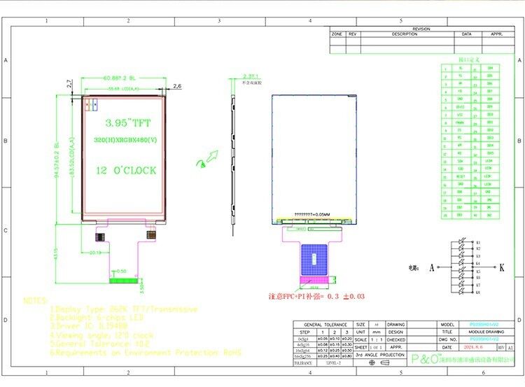 Polcd 3,95 inch 320*480 LCD Display RGB Interface ILI9488 40pin TFT Transmissive LCD Module