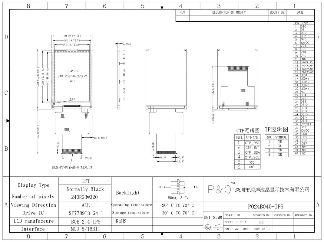Polcd 2.4 inch MCU Interface TFT Display Driver IC ST7789V2 240x320 Resolutie 2.4 inch TFT LCD Modules