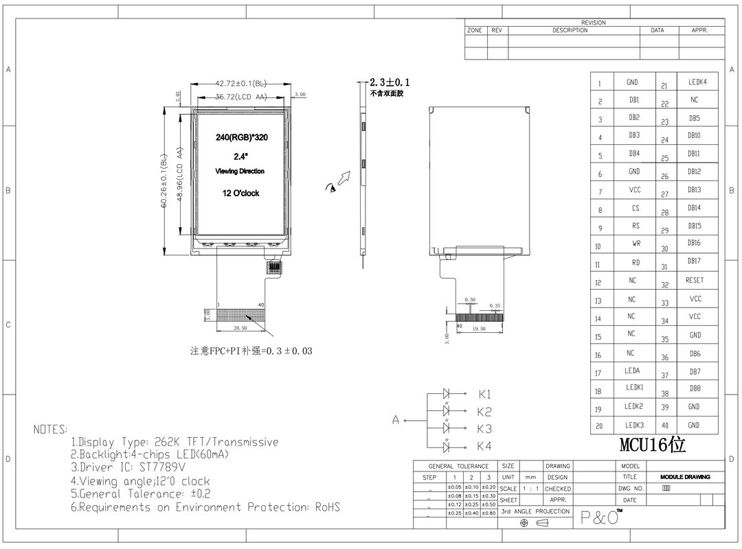 Polcd 3.3V LCM Voeding Scherm Aanraakscherm 2.4 inch LCD Module Paneel