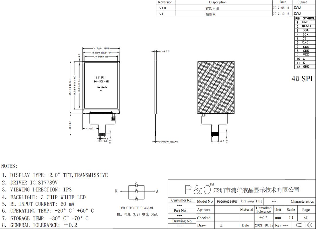 Polcd Aanpasbaar 2 inch 240x320 TFT LCD-module met SPI-interface IPS-kleurendisplaypaneel