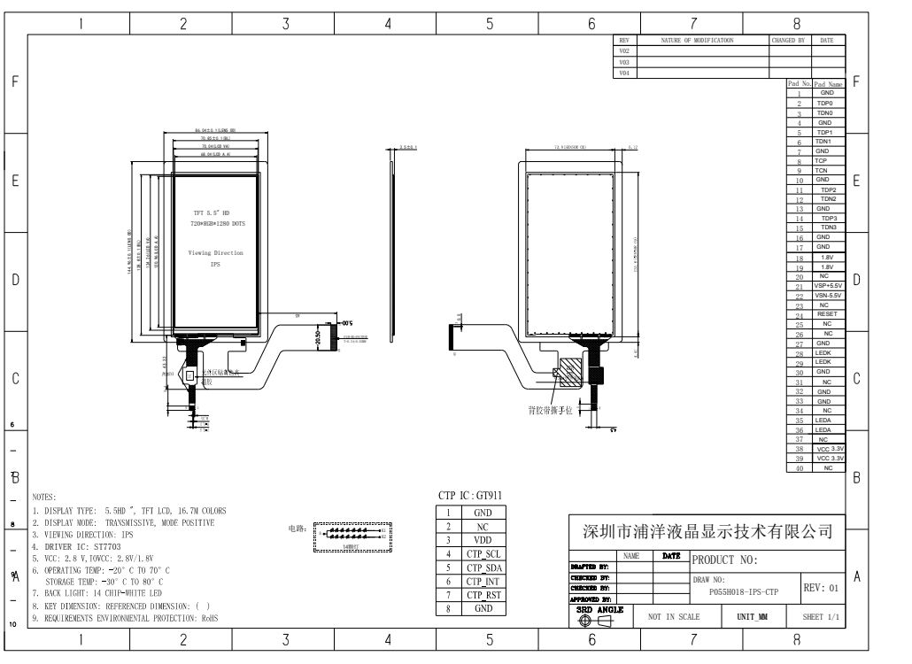 Polcd 5,5 inch TFT-module 750x1080 Resolutie Touch Panel Screen MIPI Interface 40 pin IPS View Angle TFT LCD Display