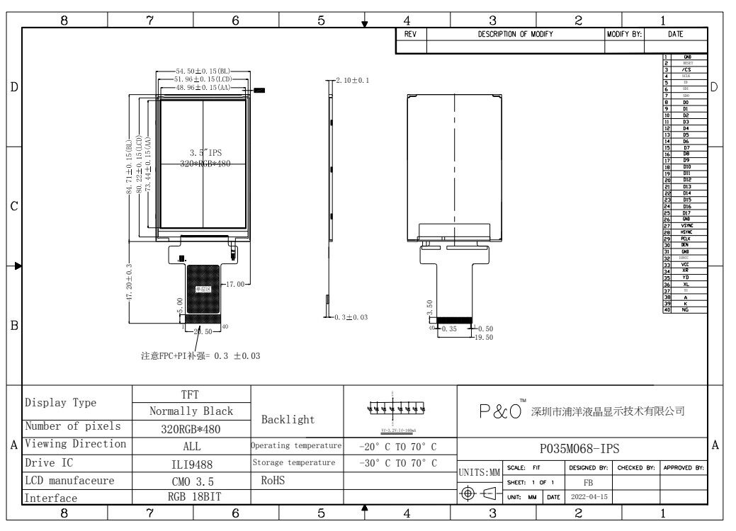 Polcd Kleurrijk 3,5 inch 320x480 Kleur Capacitive Touch IPS Bekijkhoek TFT-LCD Panel Modules
