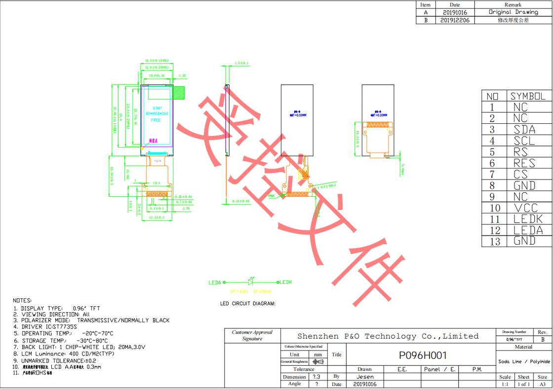 Polcd 0,96 inch LCD leverancier 80*160 SPI Interface met IPS kijkhoek Custom FPC TFT Display Module