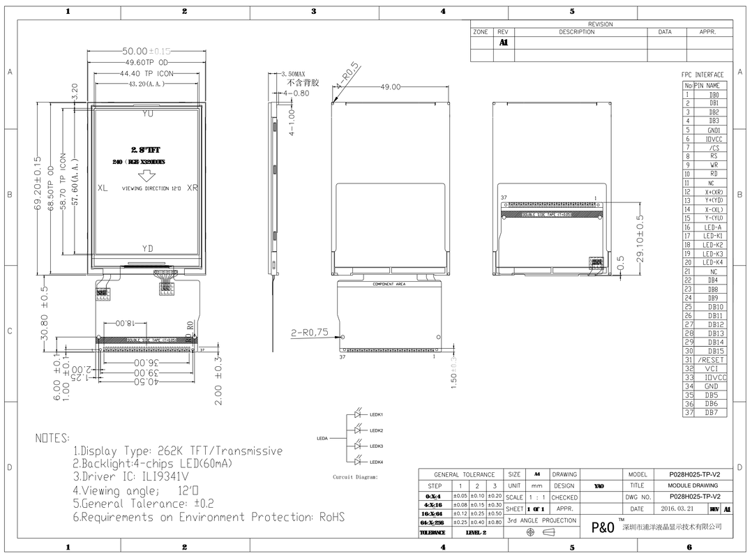 Polcd 240x320 resolutie 37-pin TFT LCD ILI9341V schijf ic 2.8 inch Touch Screen
