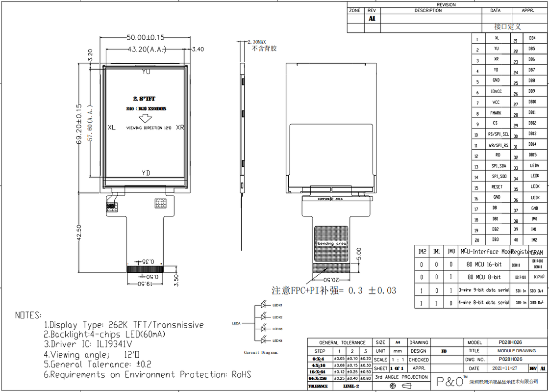 Polcd 2,8 inch TFT-module 240x320 Resolutie SPI MCU-interface ILI9341v TFT Transmissive 2,8 