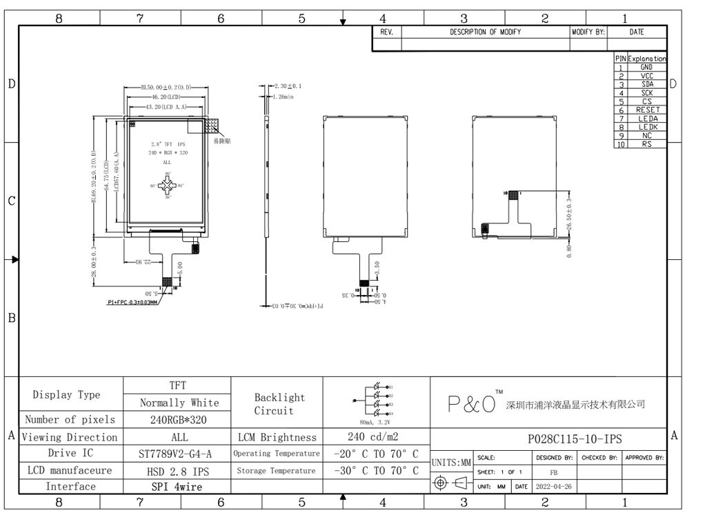 Polcd 2,8 inch IPS-scherm LCM-module 240x320 SPI-interface ST7789V Hoge helderheid TFT-LCD-scherm