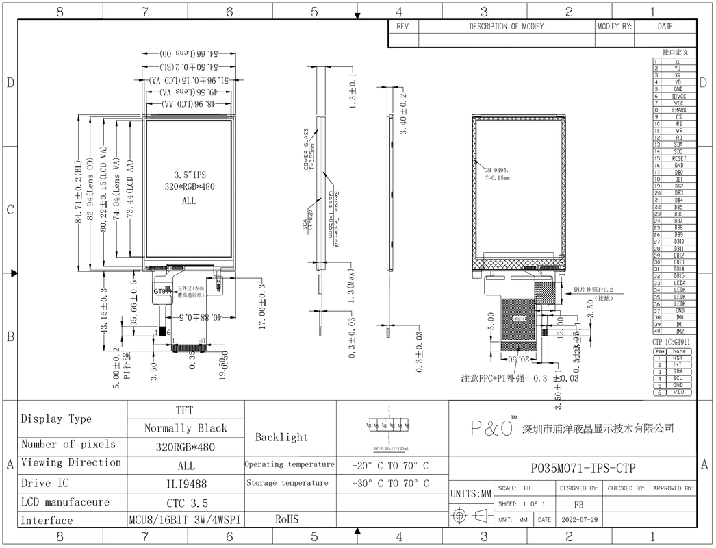 Polcd ILI9488 driver 320x480 3,5 inch SPI capacitief touch LCD IPS TFT-scherm voor elektronische producten